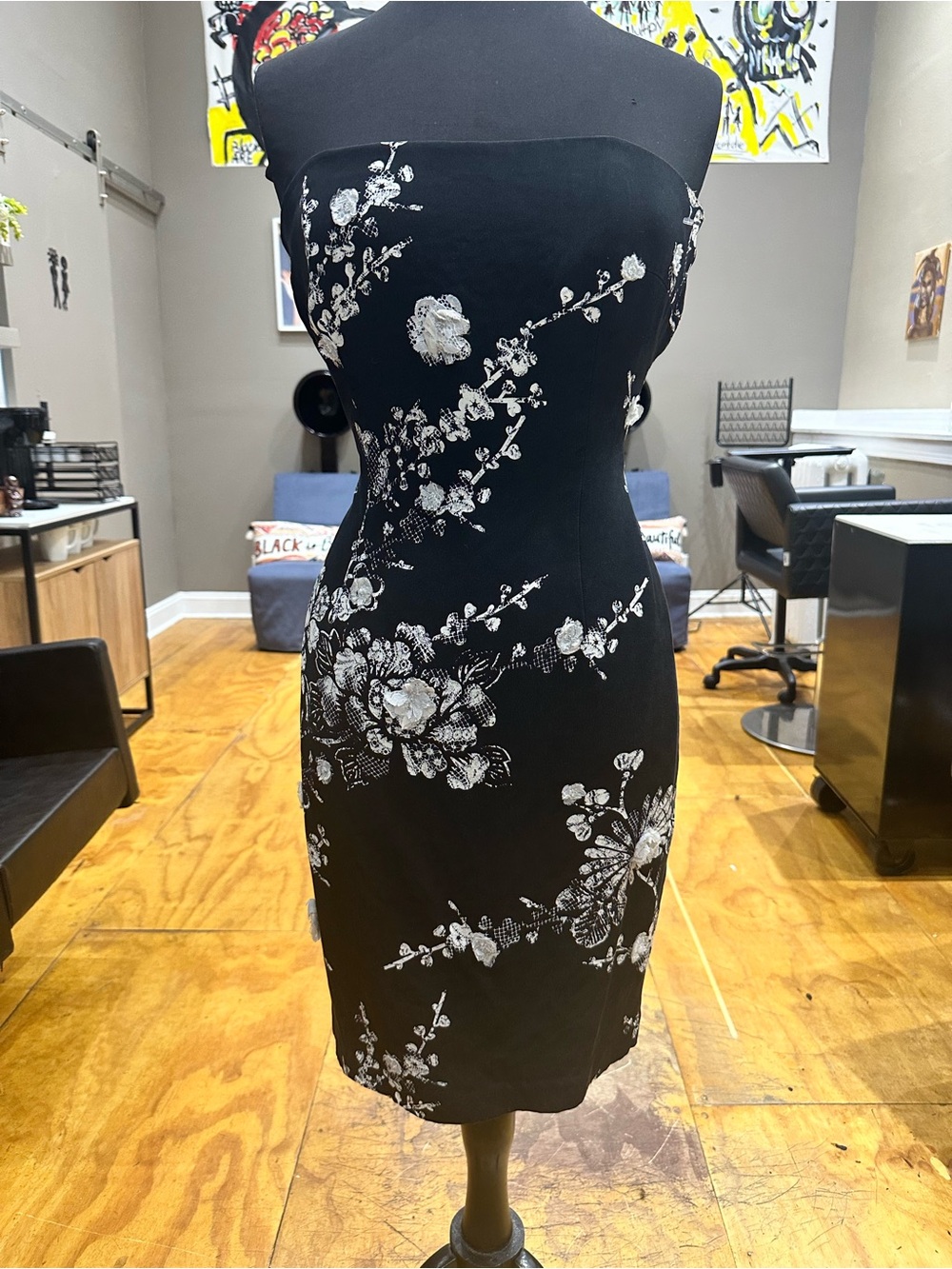 David Meister Black Strapless Floral Sheath Dress